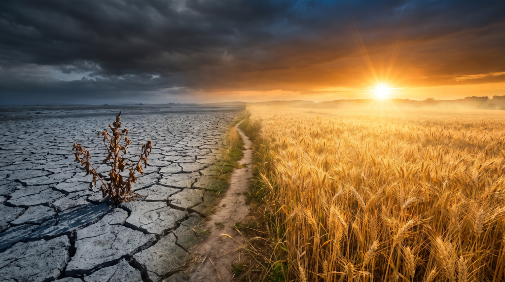 Split scene of dry grey earth turning into a golden wheat field, symbolizing scarcity versus abundance mindset
