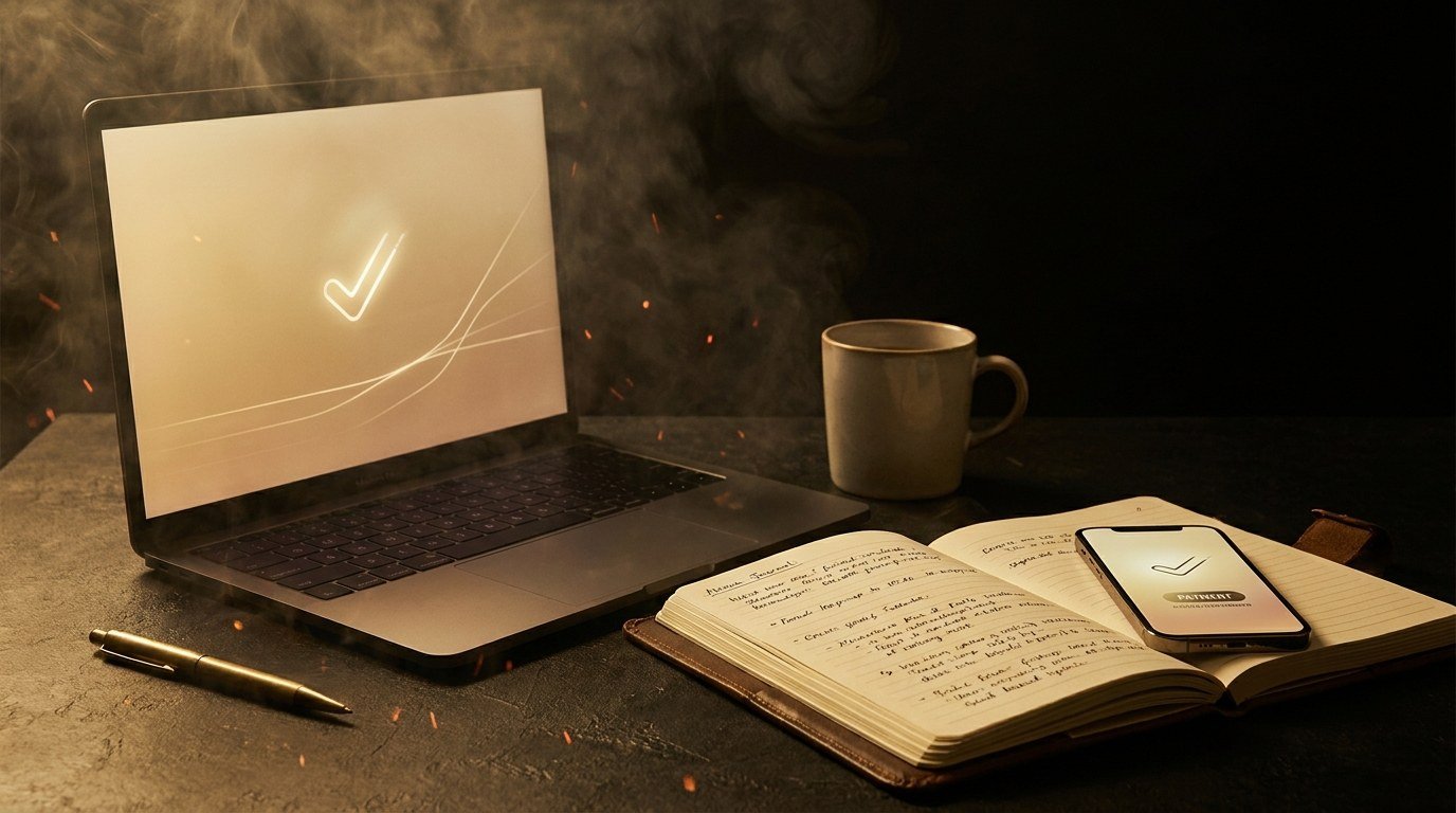 A laptop beside a notepad and a phone showing a payment confirmation — ChatGPT research handing off to real customer conversations and real money