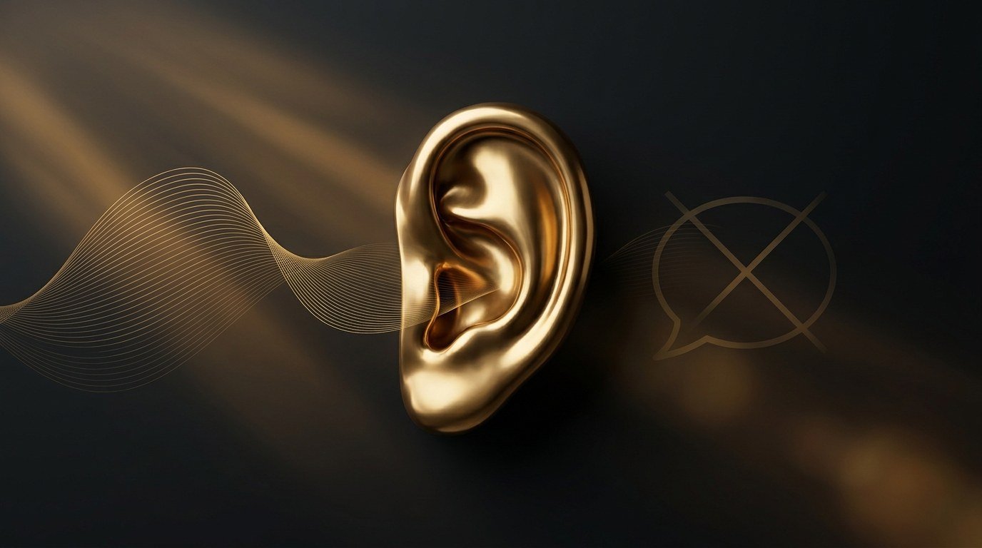 A golden human ear receiving soundwaves while a crossed-out speech bubble fades away — ask about the customer's past behavior and listen more instead of pitching your idea