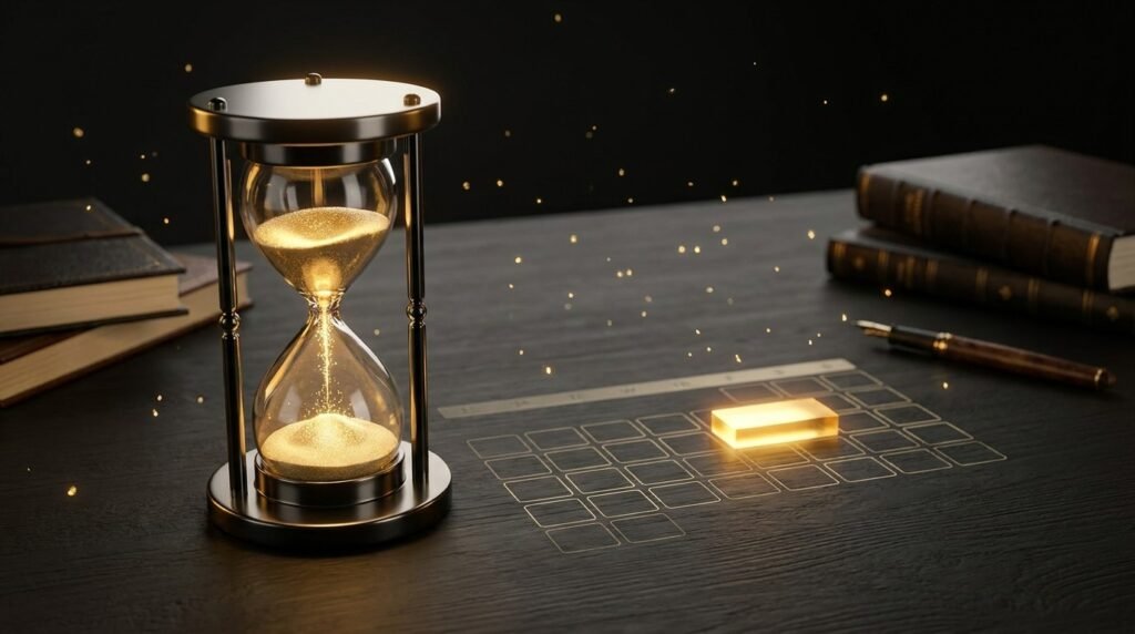 An hourglass with glowing gold sand beside a calendar grid with one hour block lit bright gold — building a side business in one focused hour a day