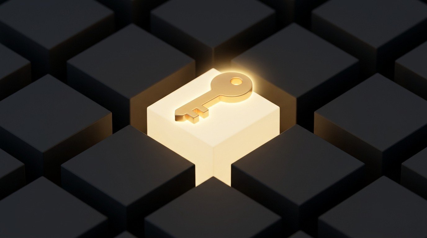 A glowing gold key resting on one brightly lit block within a grid of empty time blocks — spending your one hour on the single highest-leverage task
