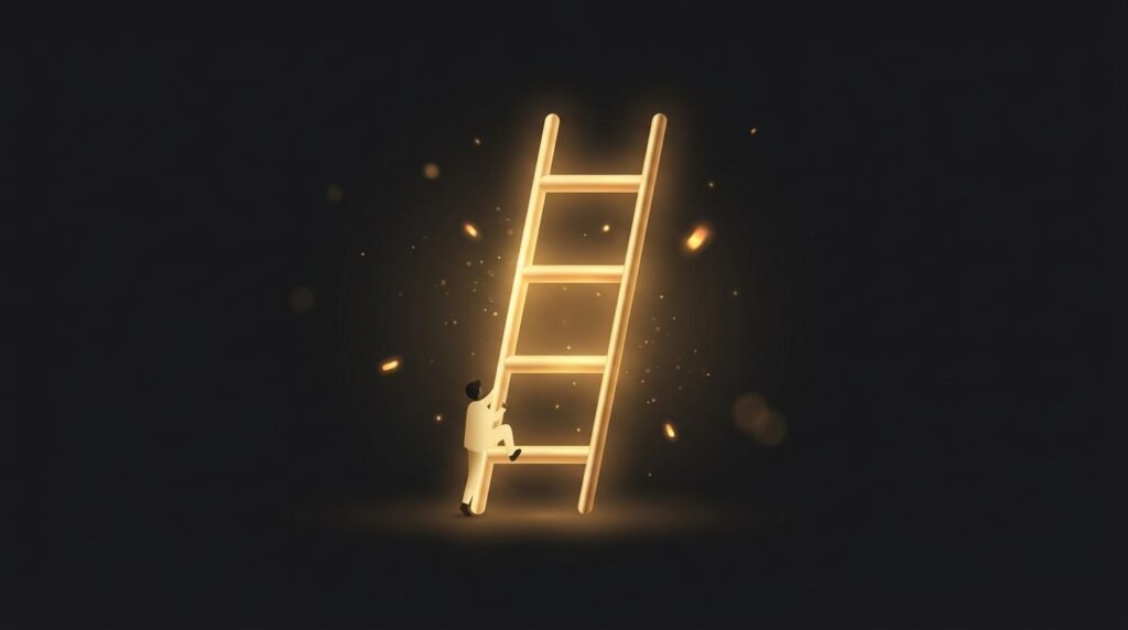 A glowing golden ladder with four rungs rising through dark space, a figure climbing the lowest rung — the no-code MVP ladder from manual to AI-generated