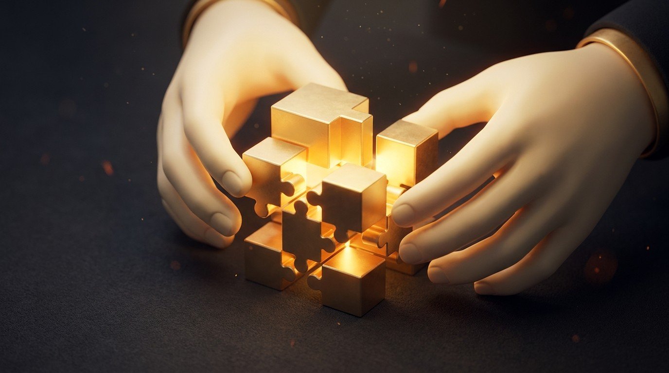 Hands assembling glowing golden modular blocks into a small product with no code — building a minimum viable product from existing no-code pieces