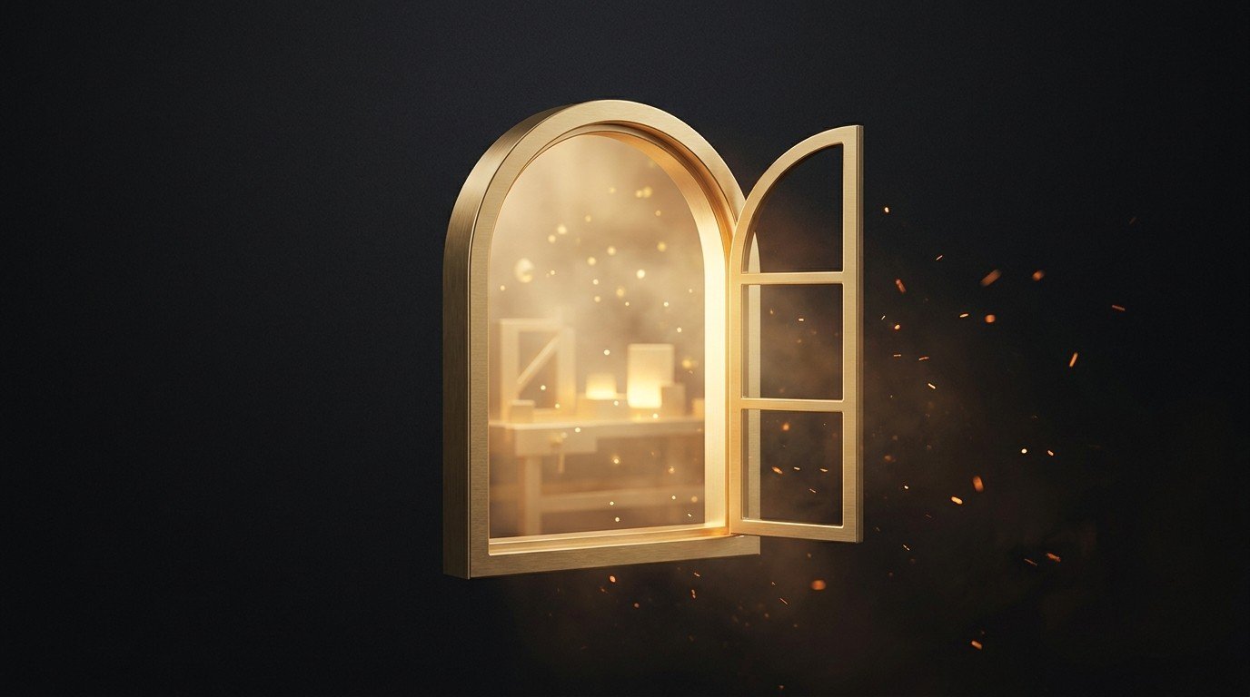 A glowing golden open window revealing an unfinished project inside a workshop, light spilling out — openly sharing the journey and lessons as you build