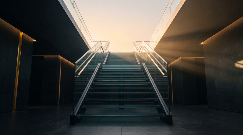 Glass staircase ascending through golden light, symbolizing a sustainable career growth plan