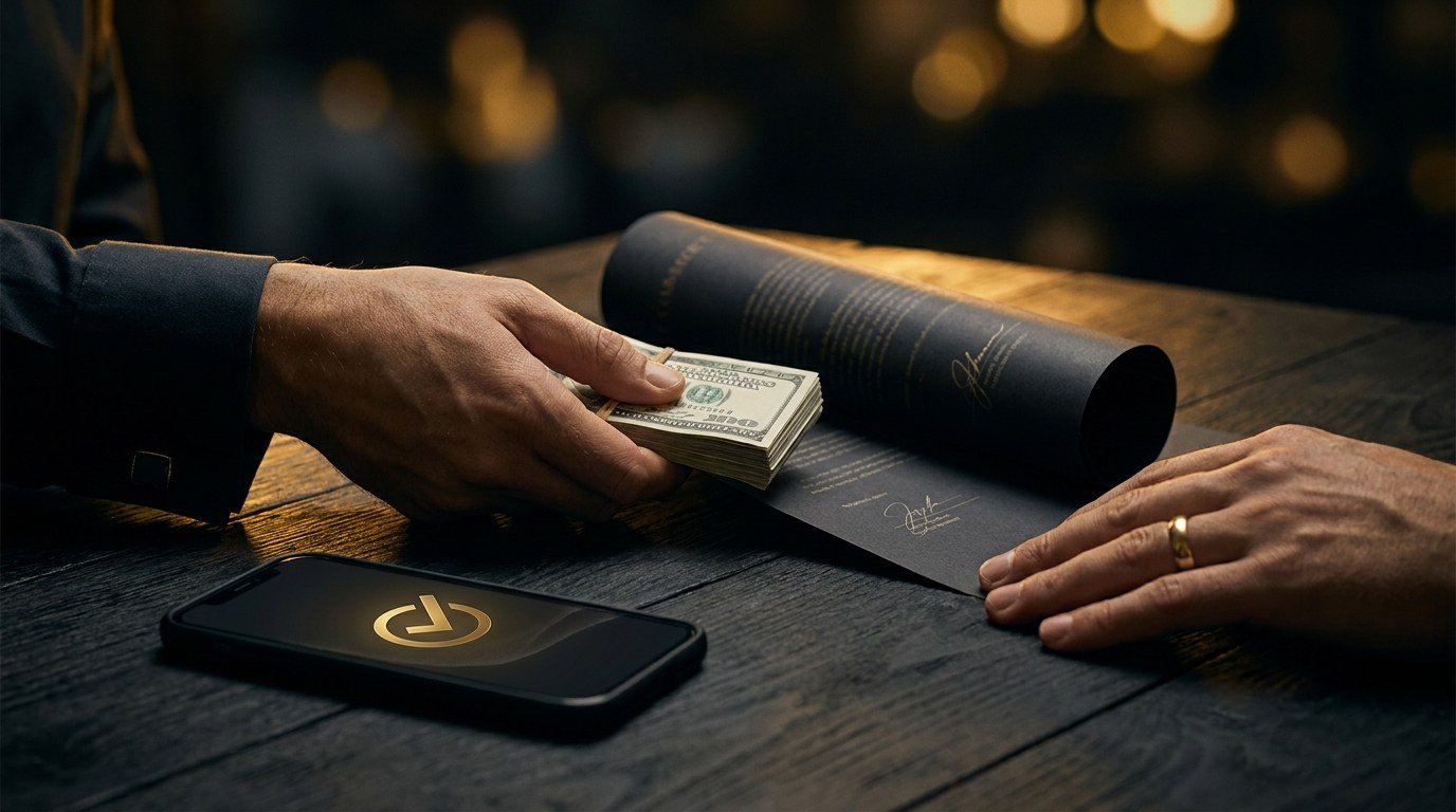 Hands sliding cash and a signed order form across a dark table beside a phone showing a gold payment confirmation — a real commitment, the strongest validation signal there is