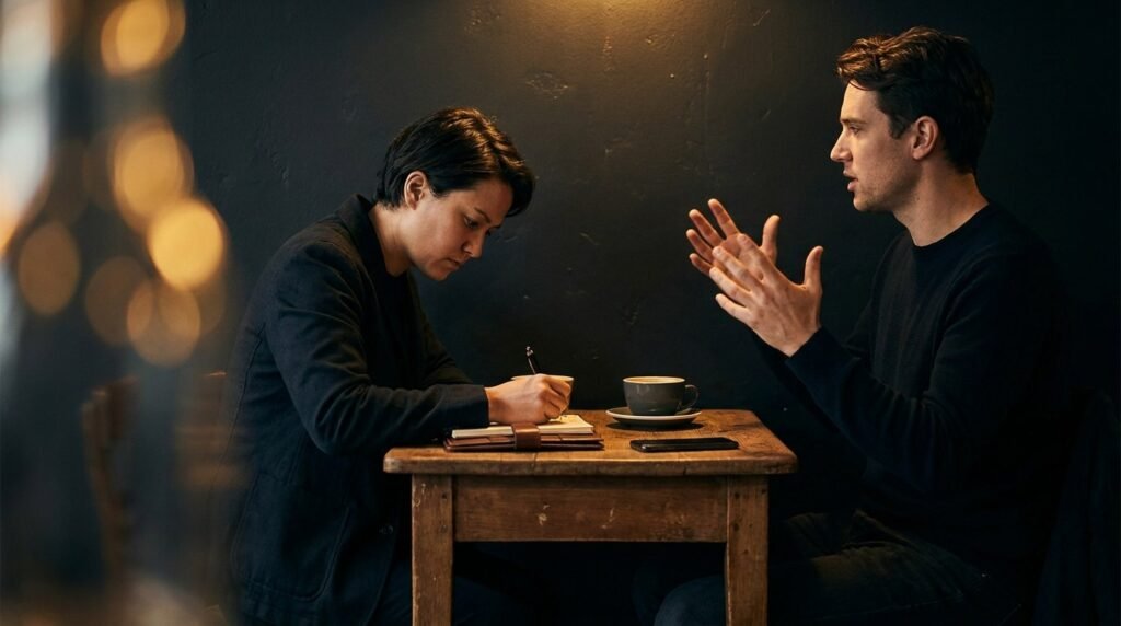 Two people at a cafe table in a customer interview — one leaning in and taking notes while the other describes a real problem, warm gold light on a dark background