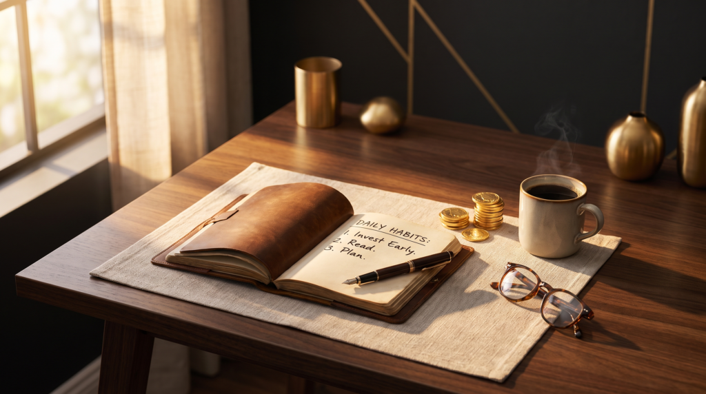Leather journal with a daily habit checklist, gold coins and coffee on a desk in warm morning light