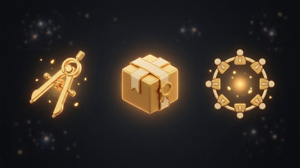 Three glowing golden objects in a row — a tool, a package box, and a ring of figures — representing services, digital products, and paid communities