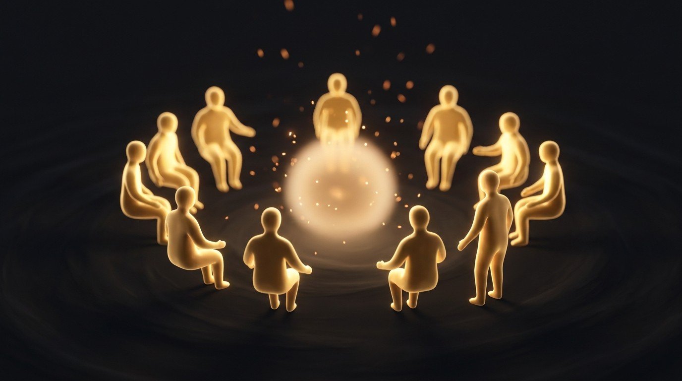 A ring of glowing golden figures gathered around a warm central glow — a paid membership community as a recurring-revenue offer for later stages