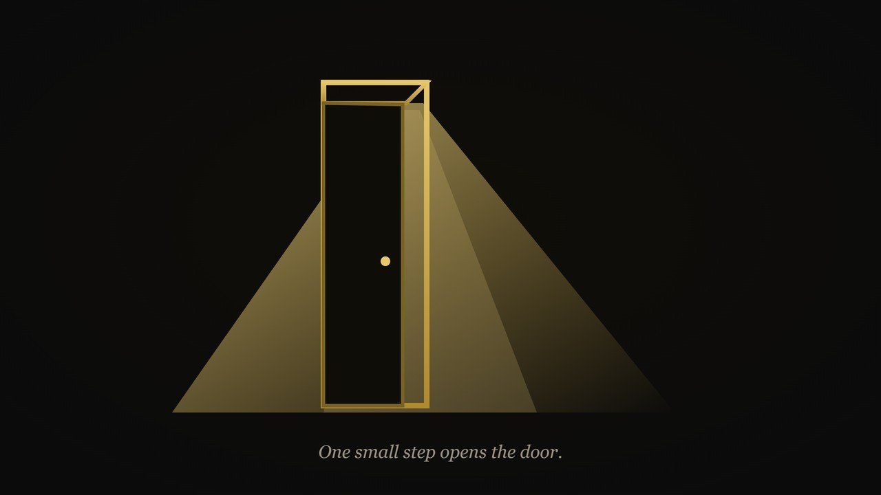 A dark room with a doorway ajar and warm gold light spilling across the floor — one small step opens the door to finally starting