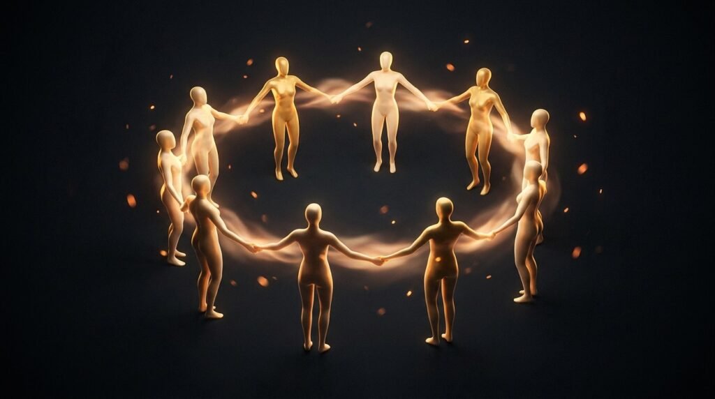 A circular chain of about ten glowing golden figures linked hand to hand passing light around a ring — the first ten customers referring one another