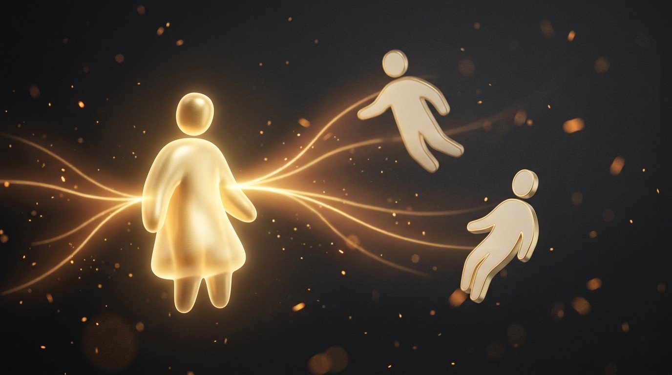 One brightly glowing golden figure sending rays of light to new dimmer figures — one delighted customer referring the next