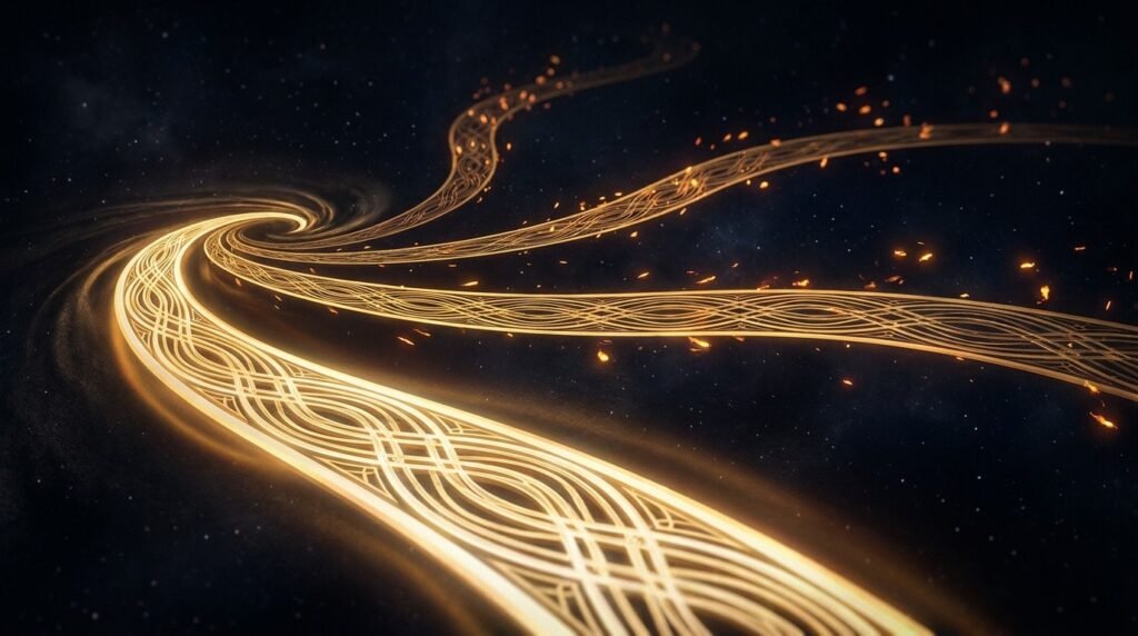 Three glowing golden roads diverging from one point, the nearest brightest — service, product, and audience as three first business models to choose between