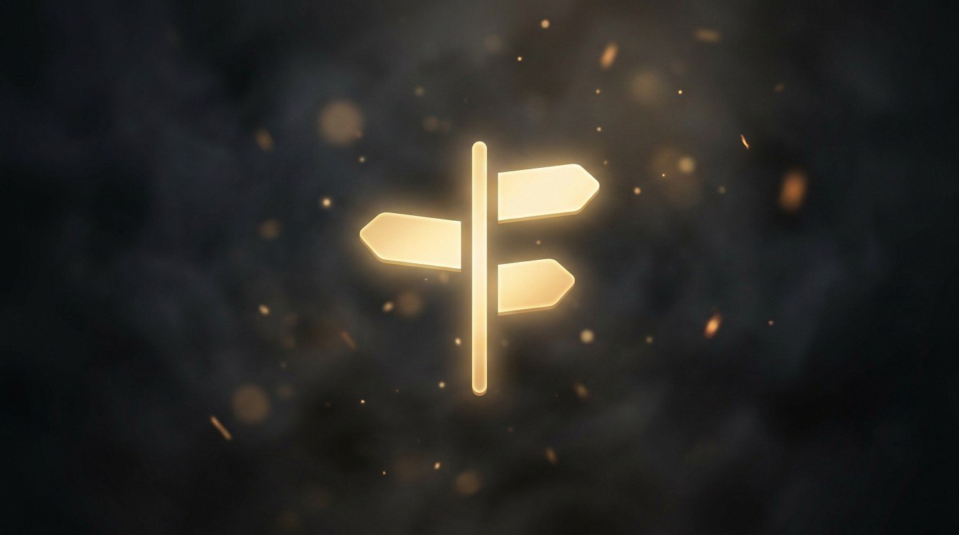 A glowing gold signpost with three arrows pointing different ways in dark space — choosing which first business model fits your situation