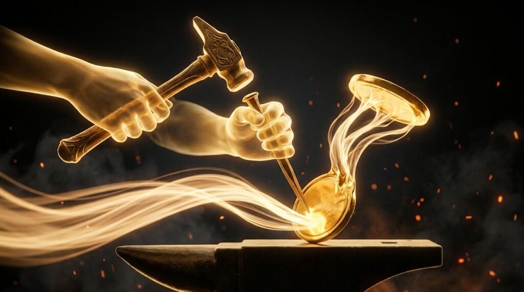 A glowing golden hand with a tool forging a gold coin from raw light — turning a skill directly and immediately into income by freelancing