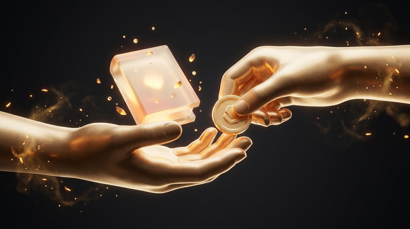 One gold hand handing over a finished glowing deliverable while another passes a coin in return — deliver the work, get paid immediately as a freelancer