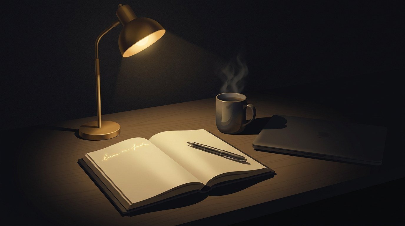 A quiet Friday-night desk under a warm brass lamp with an open notebook holding a single glowing handwritten line — lock your one-line bet before the sprint begins