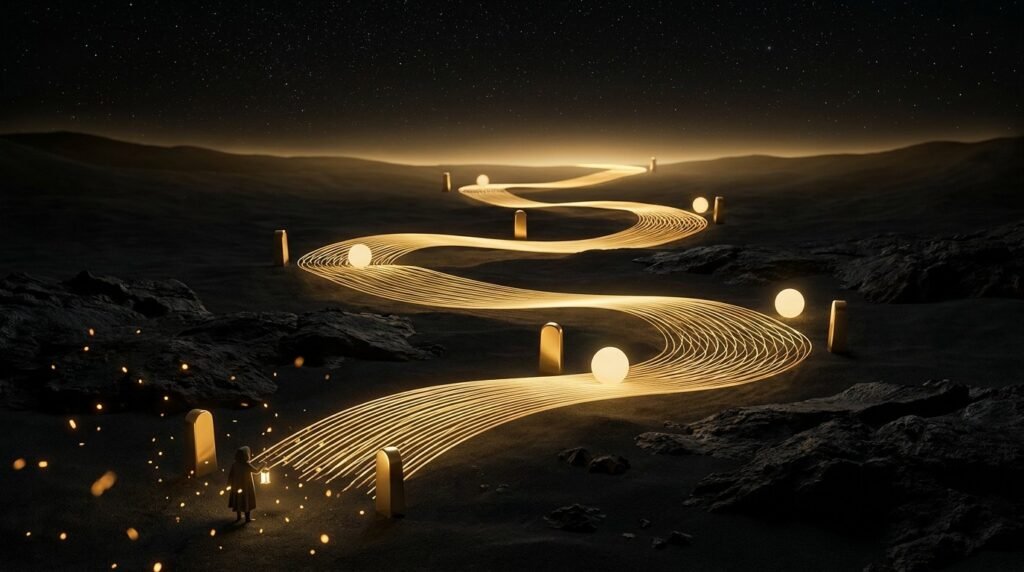 A long winding glowing golden path with milestone markers stretching into the distance, a lone figure at the start — the realistic journey to income from a side business