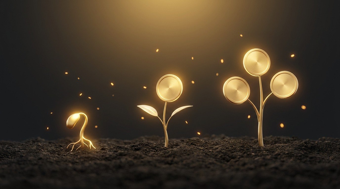 A glowing golden seedling growing through stages into a young plant with a gold-coin leaf — income growing slowly and compounding over time