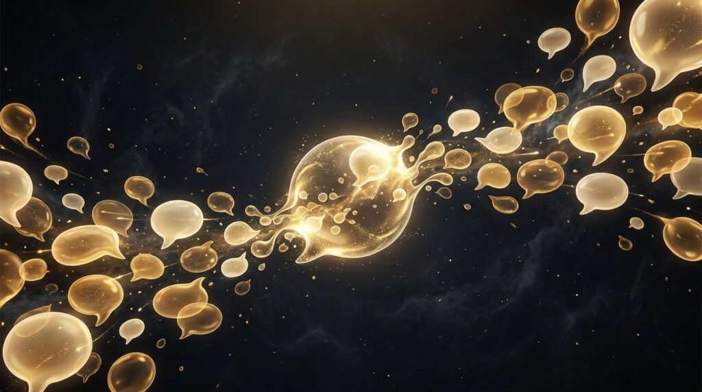 Many glowing gold speech bubbles converging into one bright unified bubble — many customer interviews forming a single clear pattern of demand