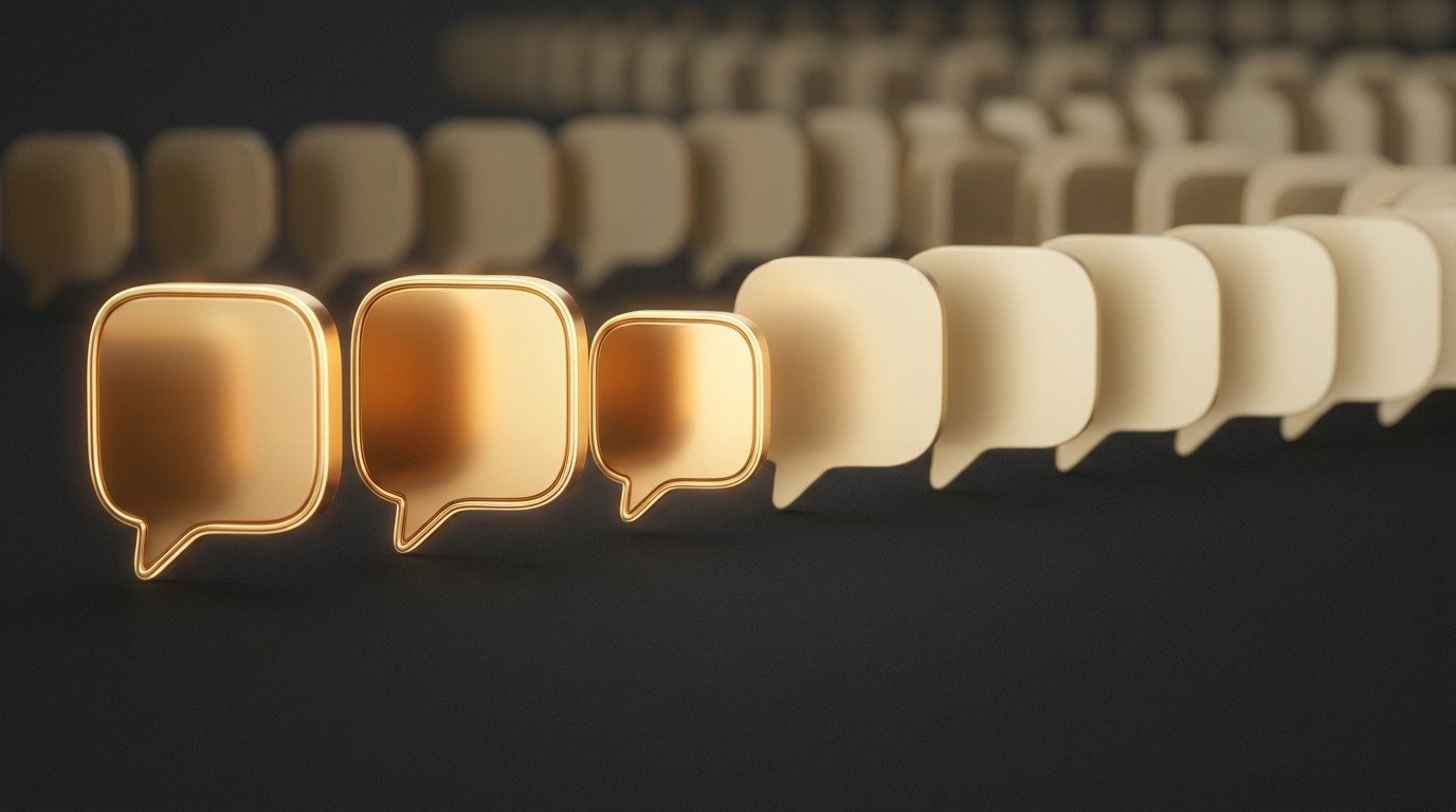 A row of gold speech bubbles receding into distance, later ones fading into identical repeated shapes — reaching interview saturation when new conversations stop surprising you