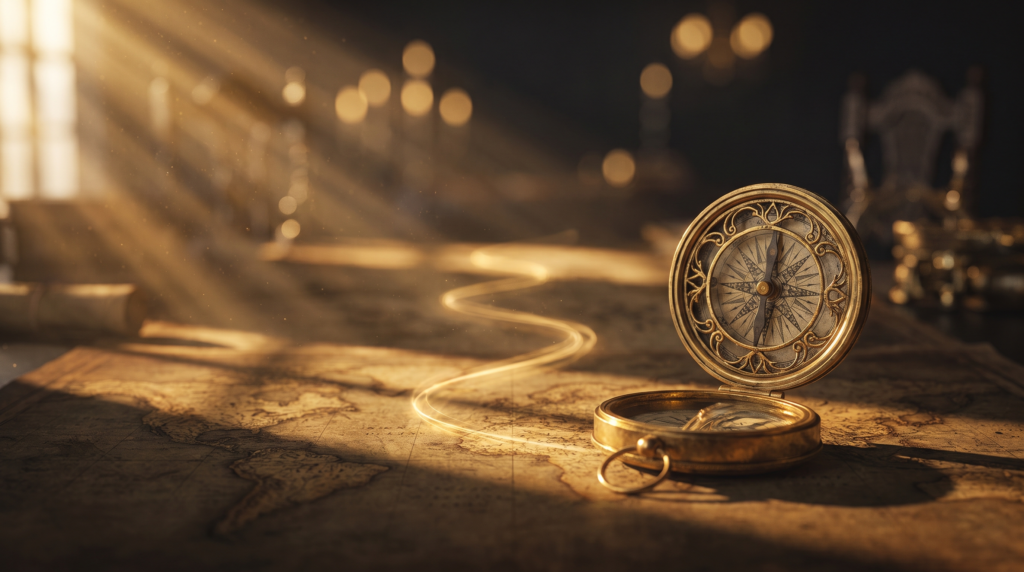 Brass compass on a vintage map lit by golden light, symbolizing finding your life direction