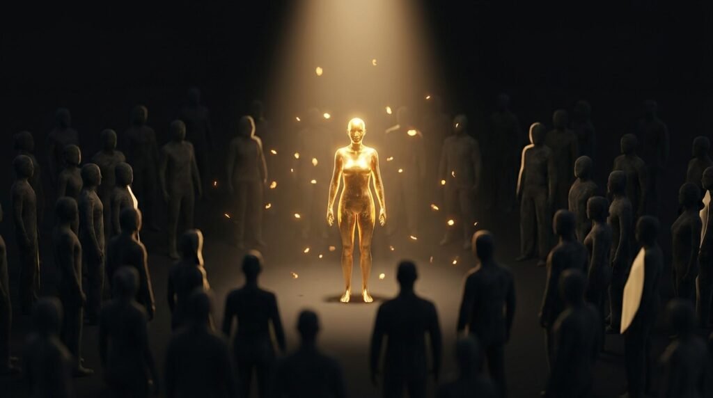 A single figure lit bright gold among dim silhouettes in the dark — finding your first customer among the people who already have the problem