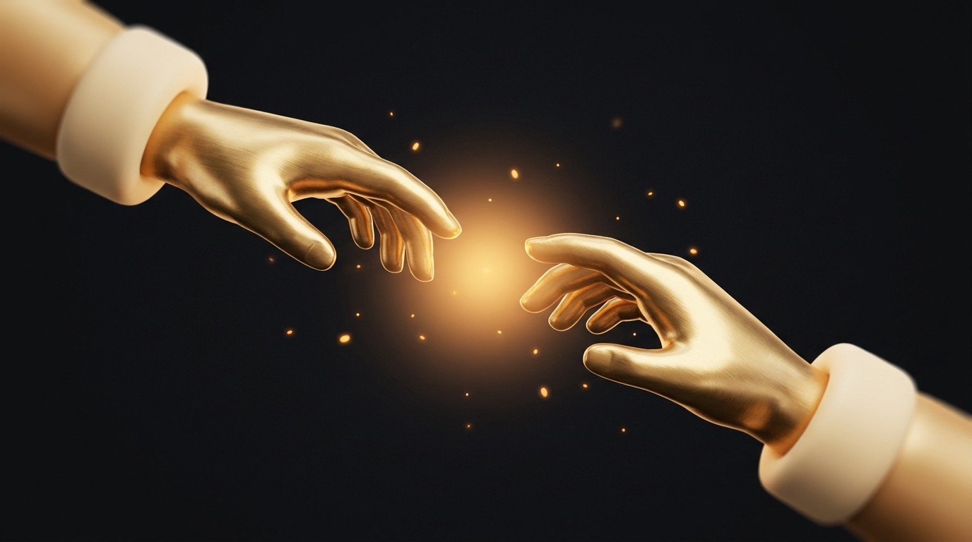 Two golden hands reaching to shake with a warm glow at the point of connection — making a direct, personal offer to your first prospect