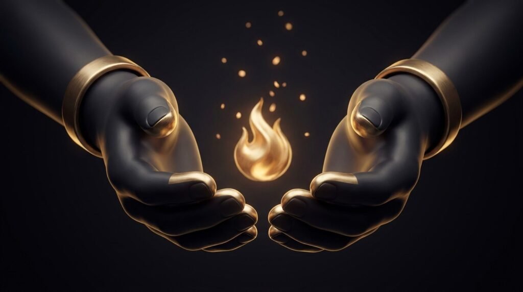 Two cupped hands sheltering a small warm glowing golden flame from the dark — protecting the joy of a hobby while monetizing it