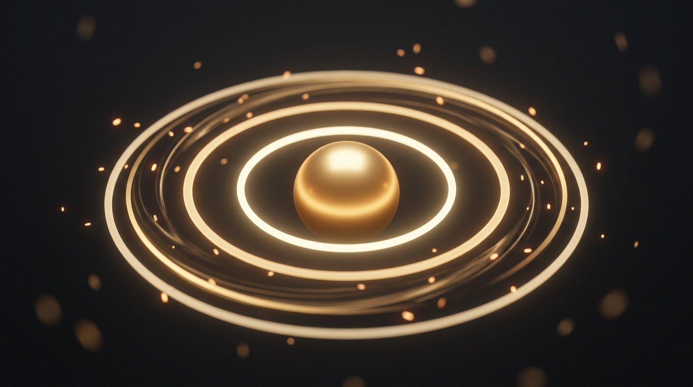 A bright glowing golden core kept pure at the center of concentric rings of light — keeping the heart of a hobby sacred and unmonetized