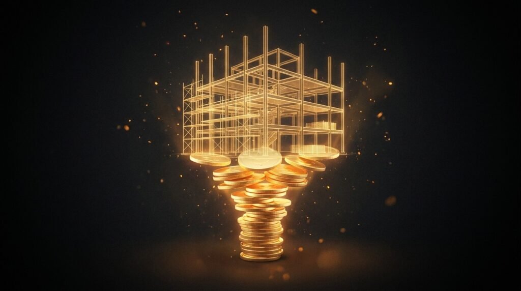 A stack of glowing gold coins rising as a foundation beneath a translucent blueprint of a building under construction — pre-sale money funding and validating the build before it exists