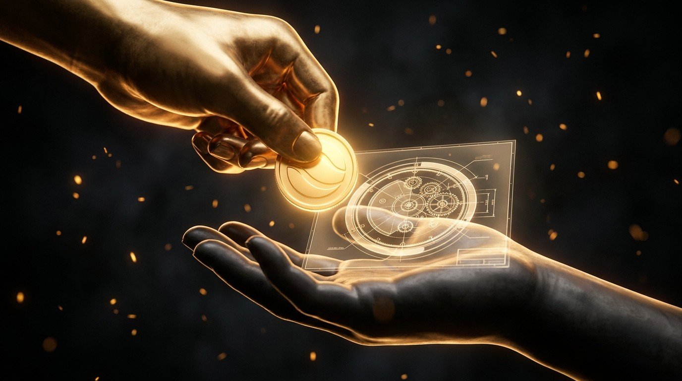 A gold hand placing a glowing coin onto an open palm holding a translucent product blueprint — the honest exchange of a pre-order for a product that is coming