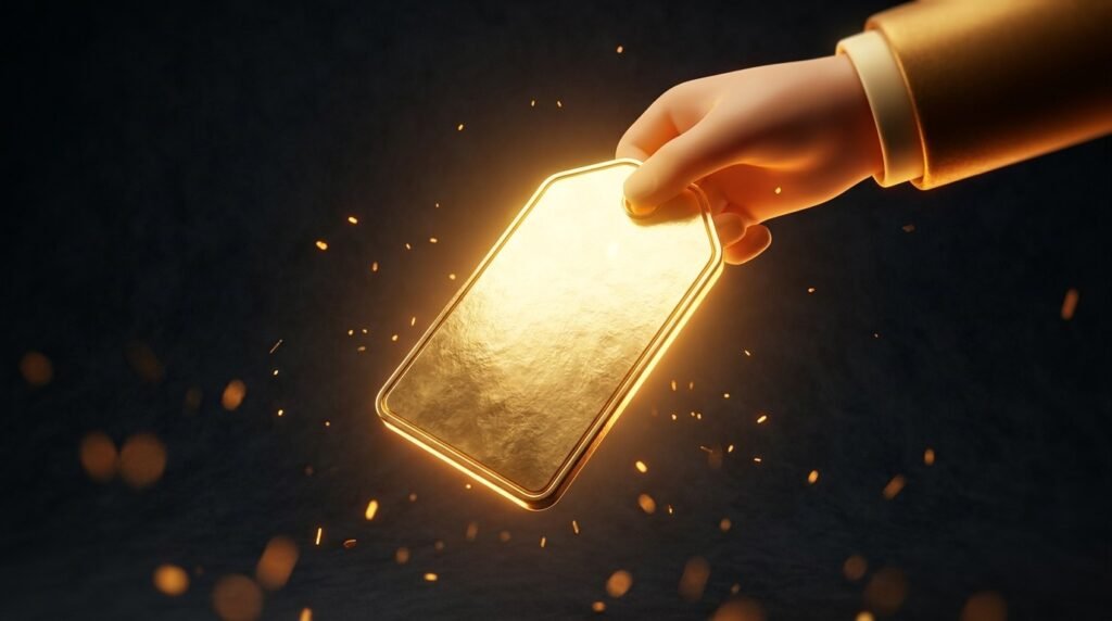 A hand lifting a large glowing golden price tag upward, brighter as it rises — pricing your first offer higher with confidence