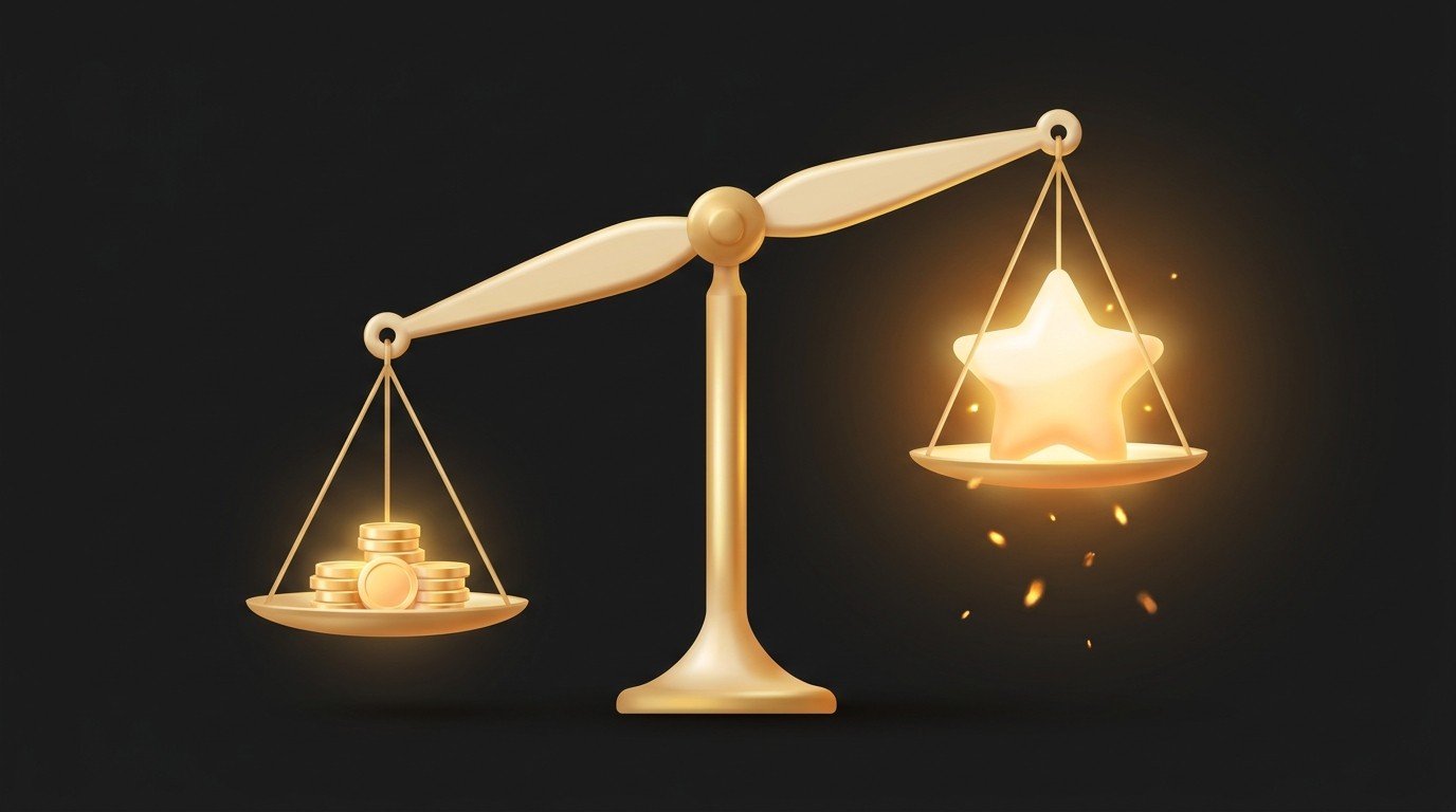 A golden balance scale where a large glowing star of value clearly outweighs a small pile of coins — pricing on the outcome's worth, not your hours