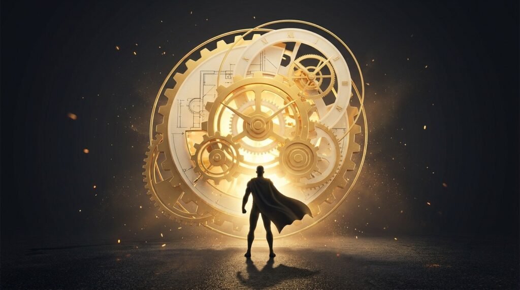 A lone figure before a large glowing golden gear-and-blueprint structure — starting and running a one-person business alone in 2026