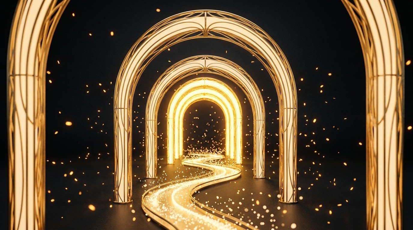 Three glowing golden archways receding into dark space with a path of light through them — the validate, build, monetize journey of a one-person business