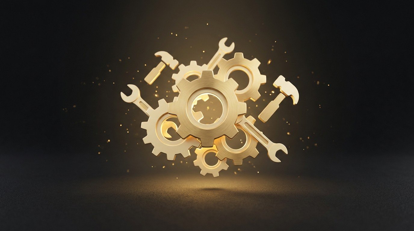 A compact cluster of glowing golden interlocking gears and tool icons — the lean under-$50-a-month toolkit a solo founder runs a business on