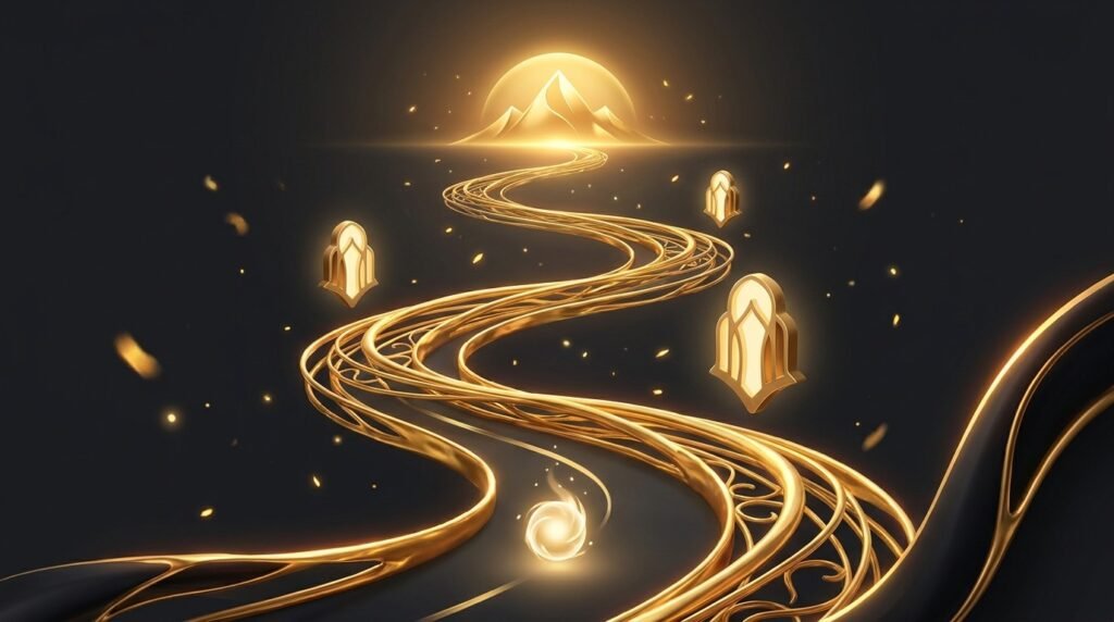 A grand winding golden road from a small idea spark up to a radiant summit, passing three glowing waypoints — the 90-day idea-to-income roadmap