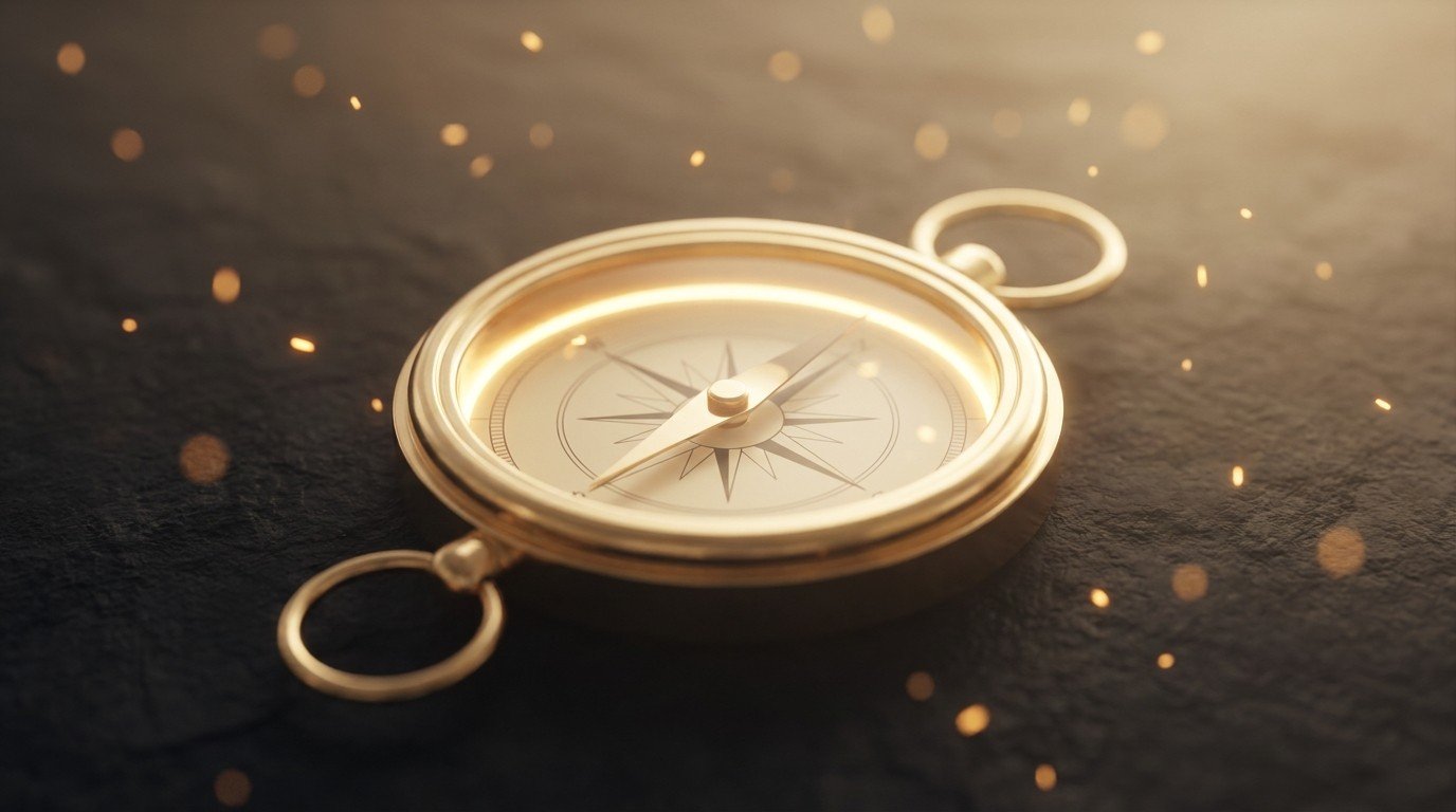 An elegant glowing golden compass with its needle pointing forward — a clear plan and direction for the validation phase