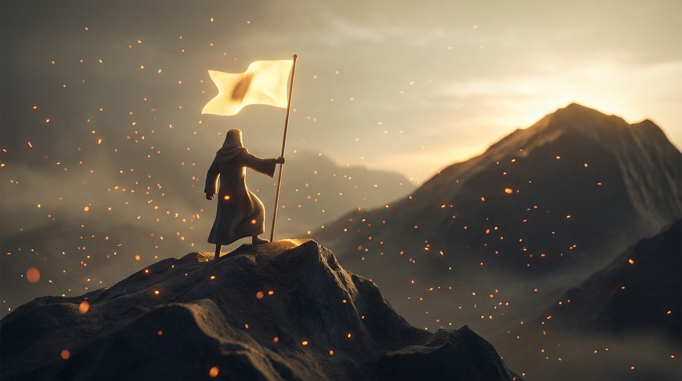 A lone figure planting a glowing golden flag on a summit as warm light breaks over the peak — reaching first income after following the roadmap