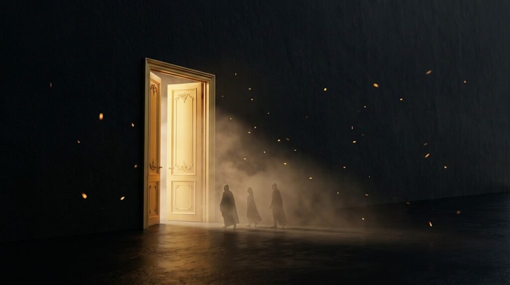 A single glowing golden doorway in a dark wall with faint figures approaching — a fake-door smoke test that measures who tries to walk through before you build