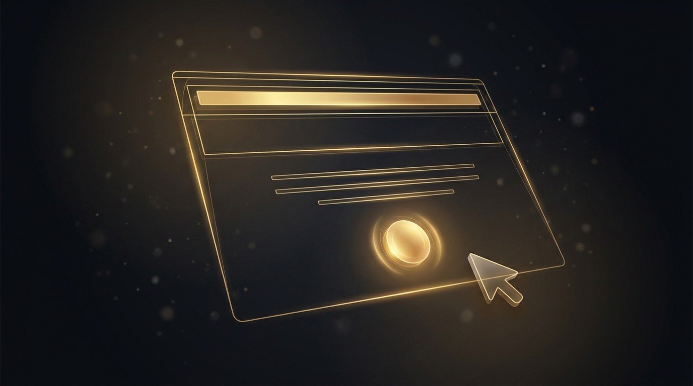 A minimalist glowing gold landing-page wireframe with a headline, three lines, and one bright call-to-action button — the anatomy of a smoke-test page built to measure one action