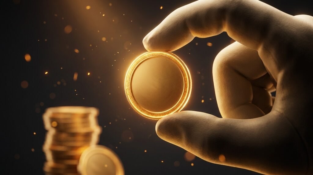 A single bright glowing gold coin held up with a growing stack behind it — earning your first income from an idea