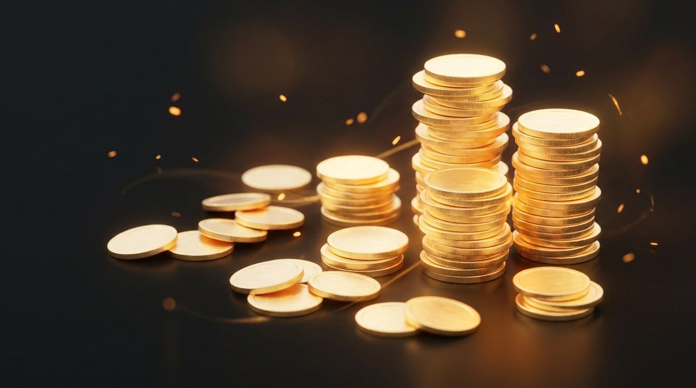 Different arrangements of glowing gold coins — a few tall stacks beside many small coins — the different ways to reach the same first $1,000