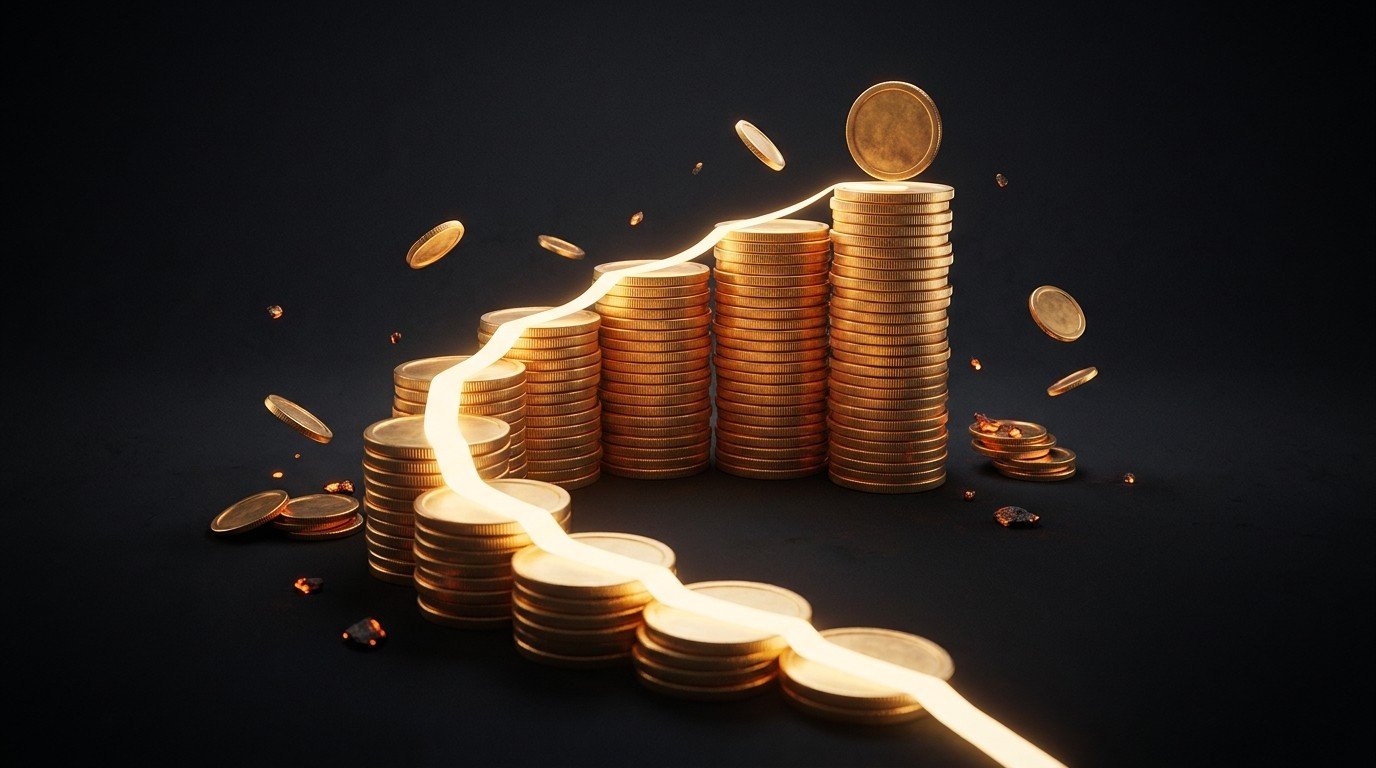 An ascending staircase built of stacks of gold coins with a path of light — income growing step by step from the first dollar upward