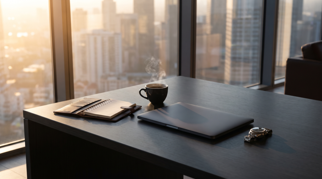 Calm professional desk at sunrise with coffee, notebook and watch representing a morning routine