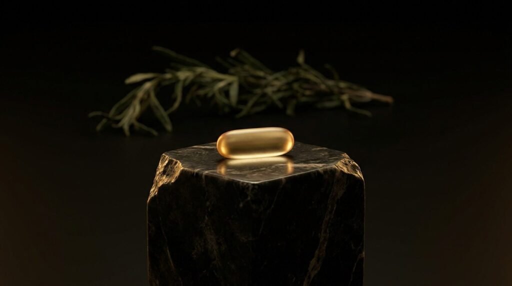 A single glowing gold capsule on a dark marble pedestal beside a blurred sprig of greenery — painkiller vs. vitamin business idea test
