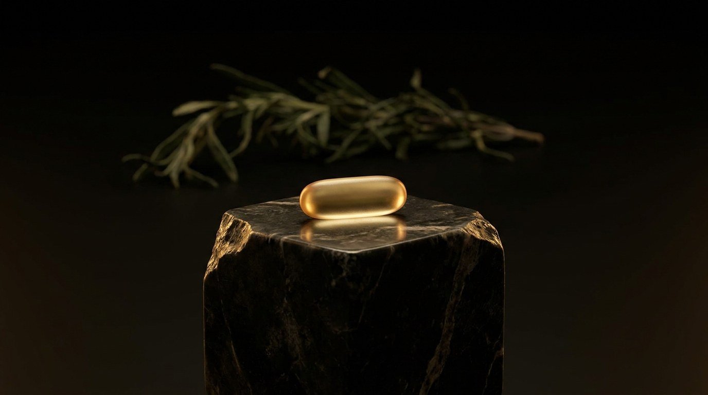 A single glowing gold capsule on a dark marble pedestal beside a blurred sprig of greenery — symbolizing an urgent painkiller versus a postponable vitamin