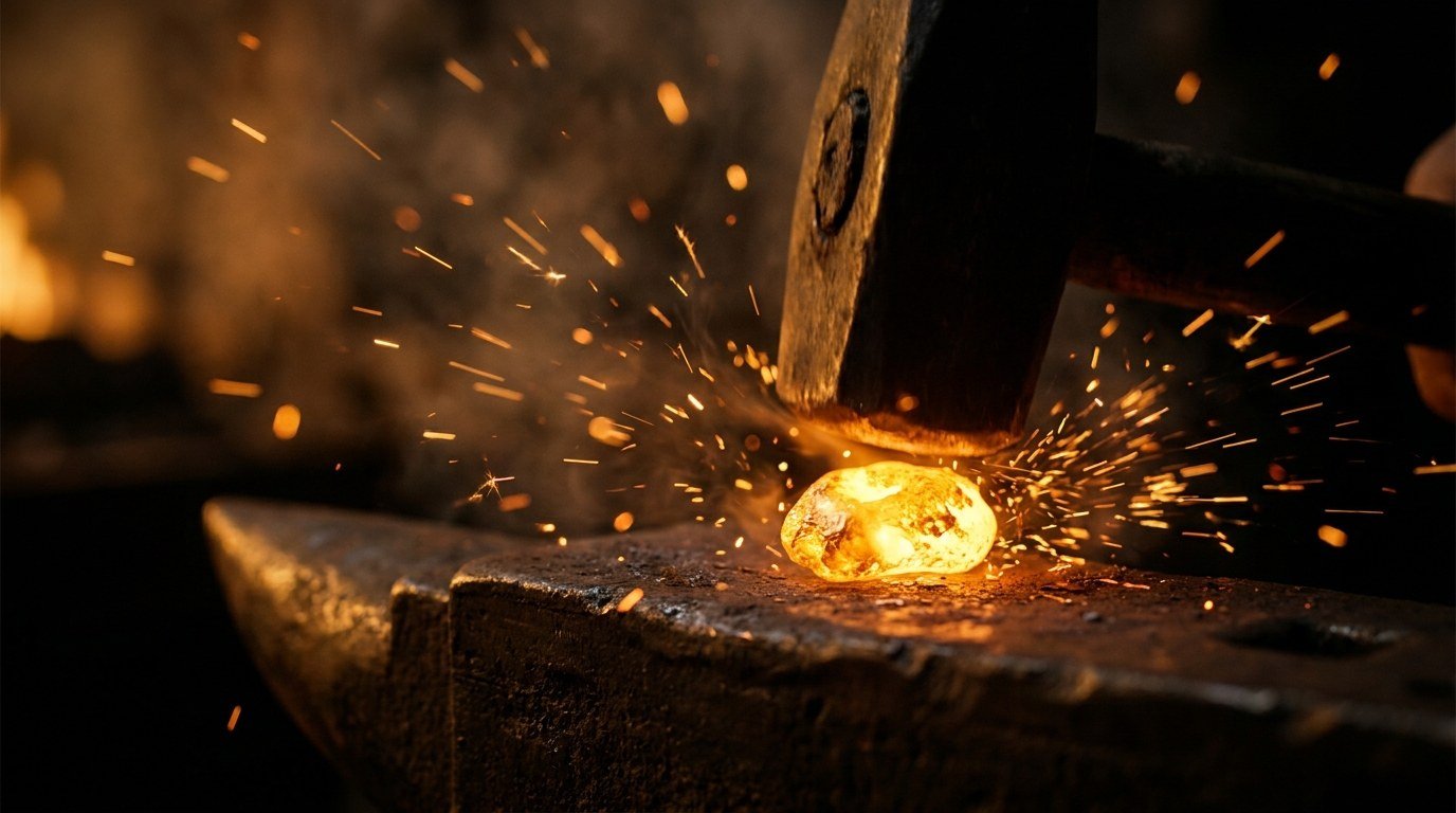 A molten-gold nugget forged on an anvil with sparks — pressure-testing a business idea against its strongest objections until only a strong one survives